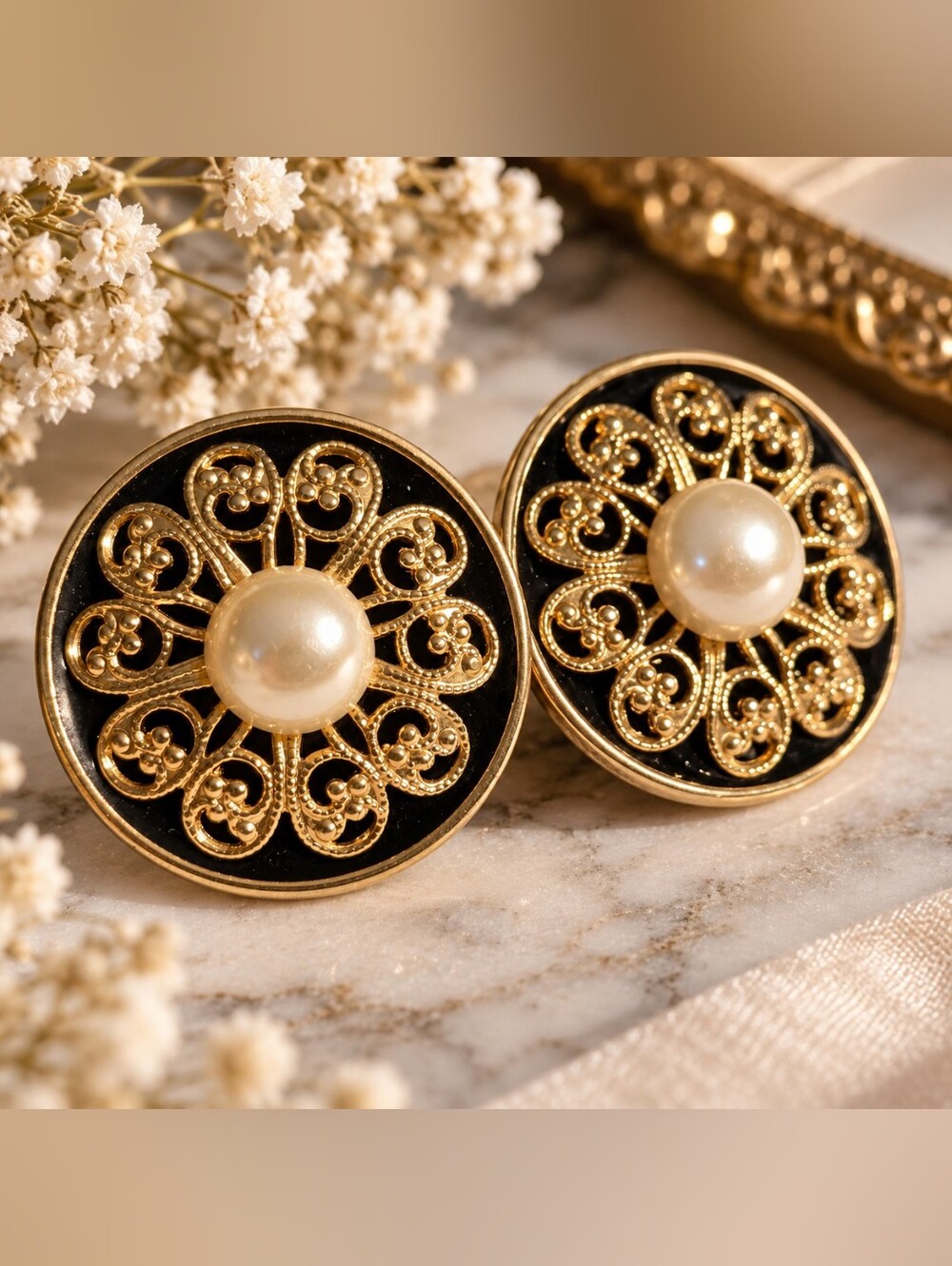 Vintage Gold-Tone Filigree Black Enamel & Pearl Statement Earrings